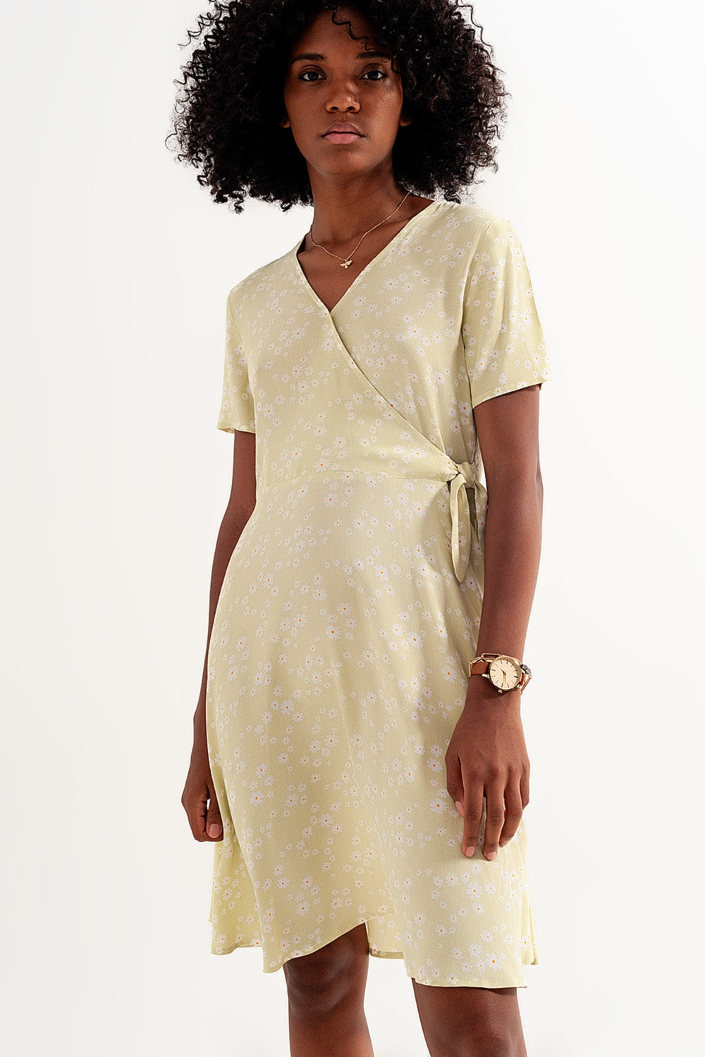 Mini wrap dress in daisy print in green - dress