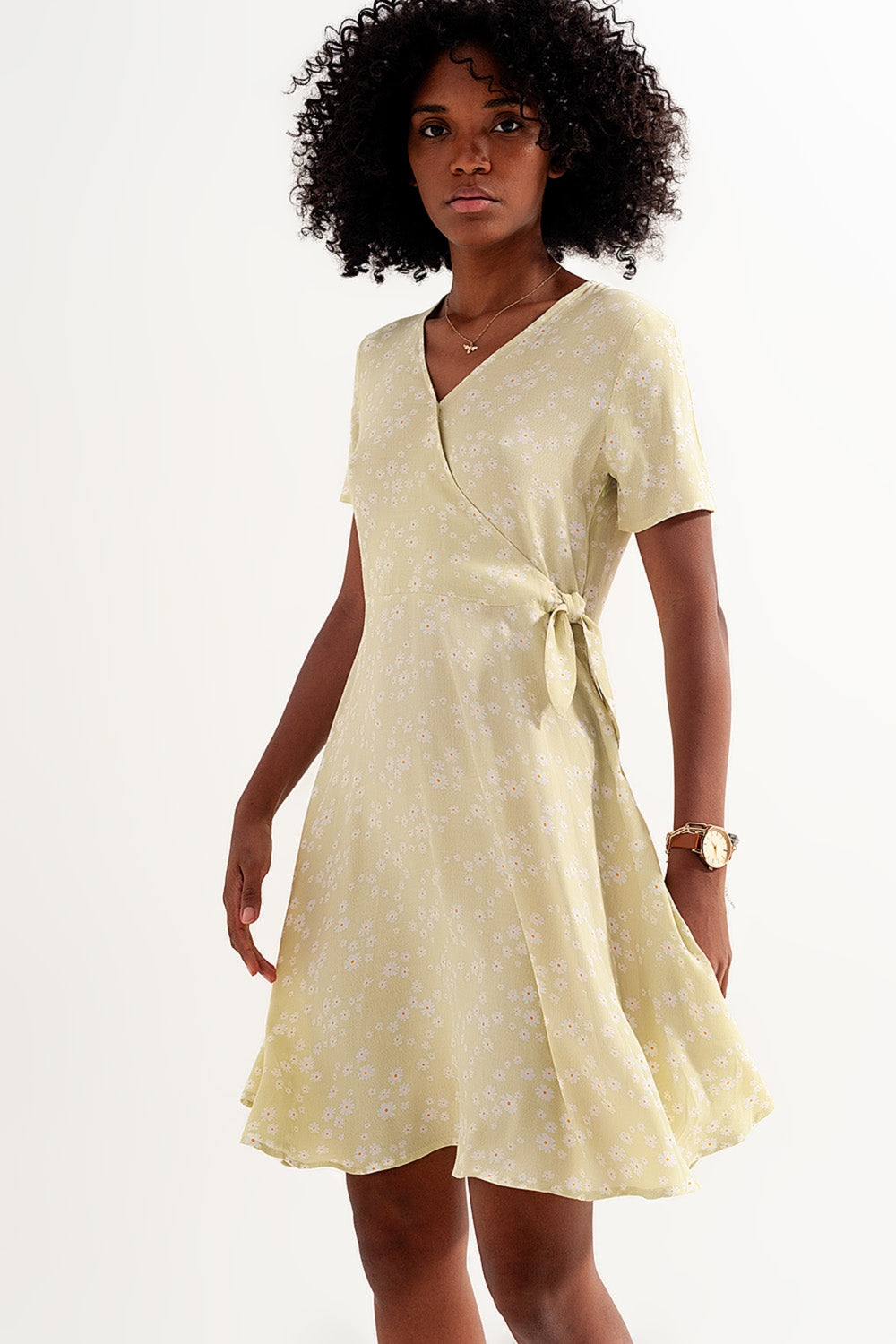 Mini wrap dress in daisy print in green - dress