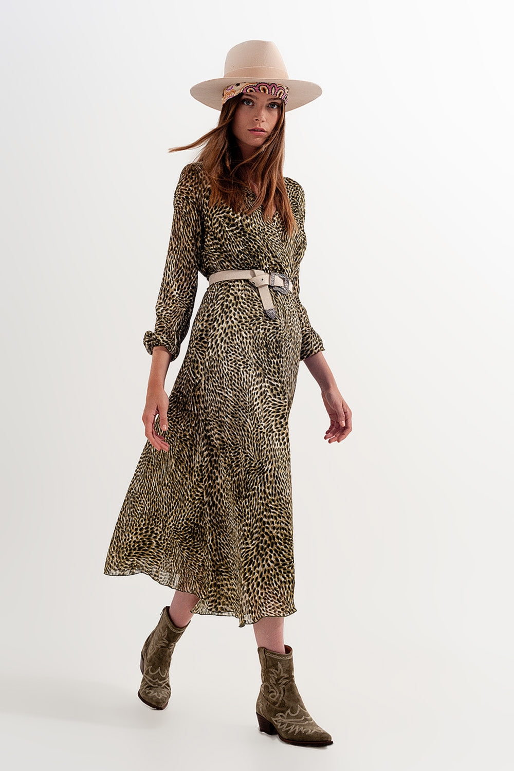 Long sleeve wrap front chiffon dress with belt in shiny print - dress