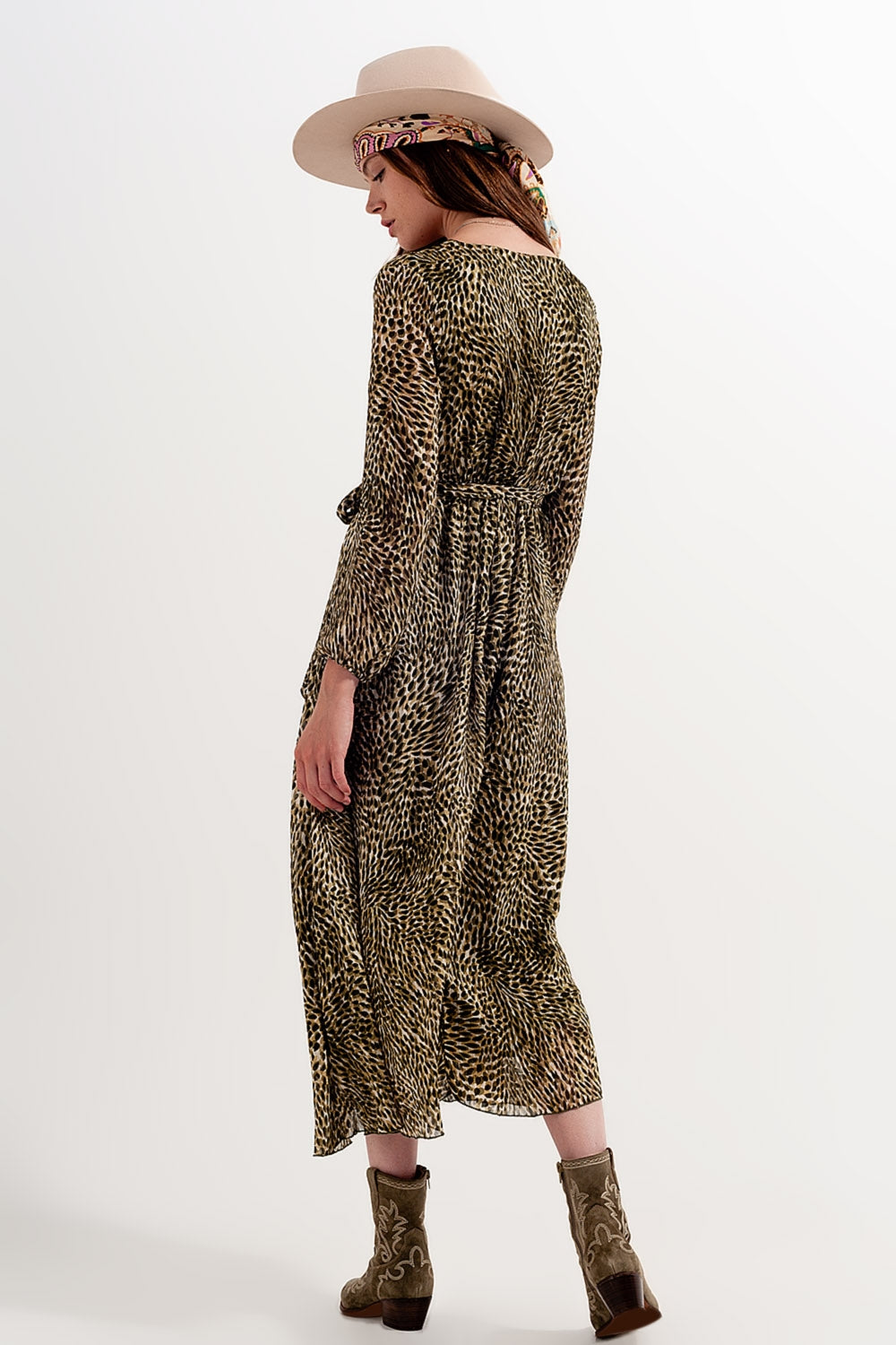 Long sleeve wrap front chiffon dress with belt in shiny print - dress