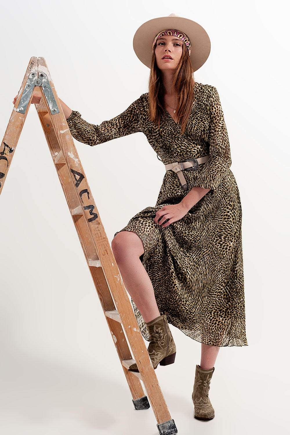 Long sleeve wrap front chiffon dress with belt in shiny print - dress