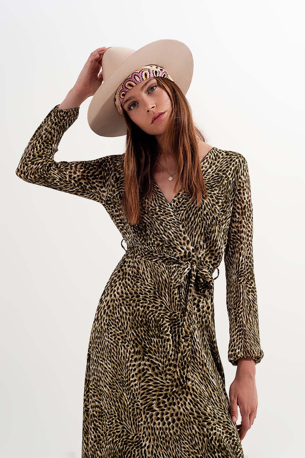 Long sleeve wrap front chiffon dress with belt in shiny print - dress