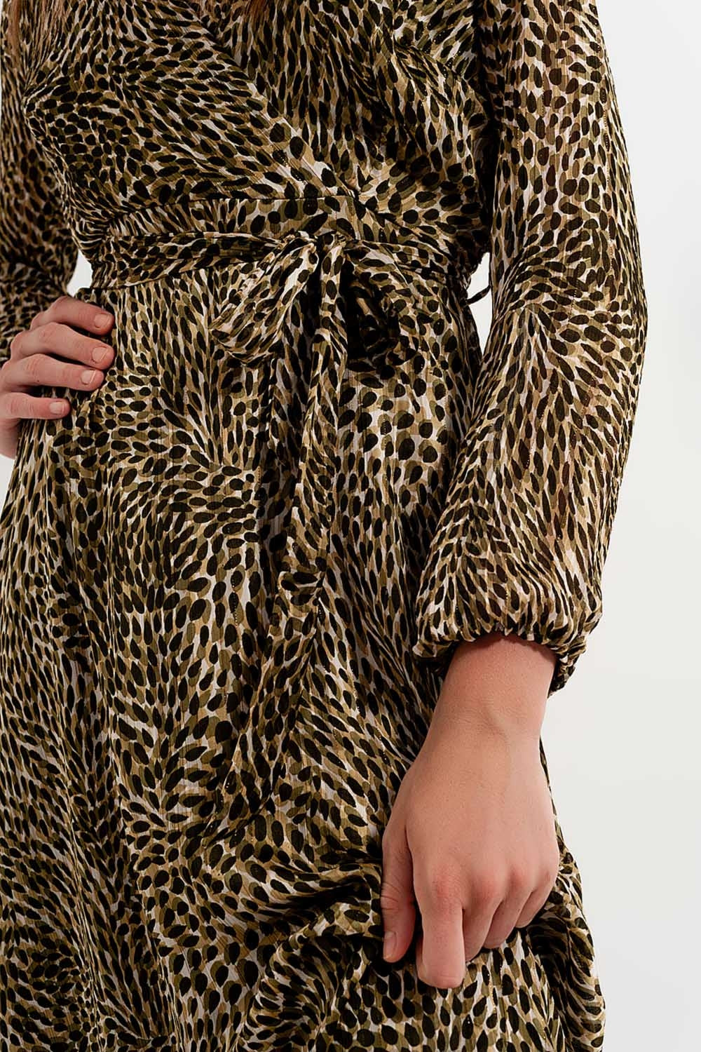 Long sleeve wrap front chiffon dress with belt in shiny print - dress