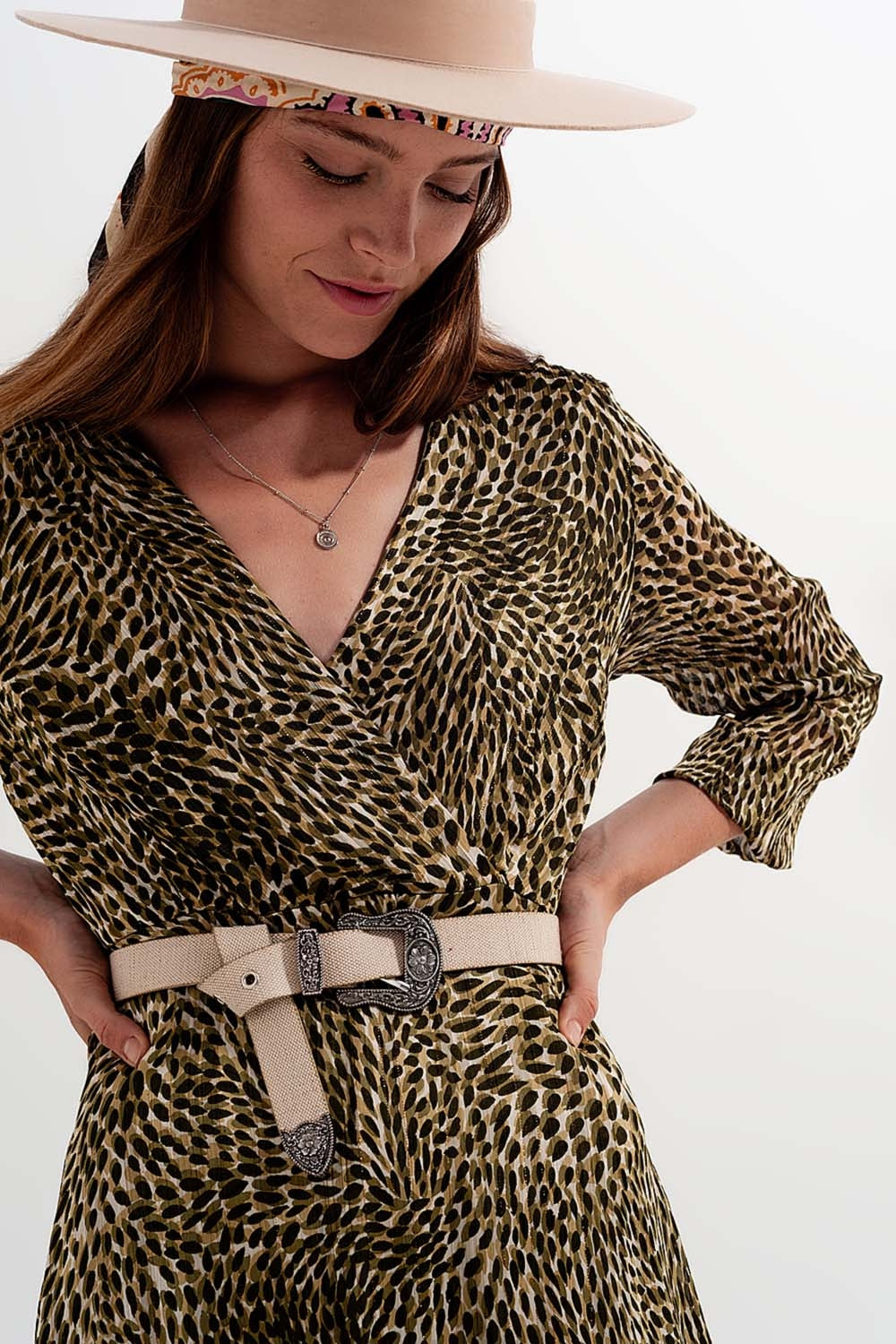 Long sleeve wrap front chiffon dress with belt in shiny print - dress