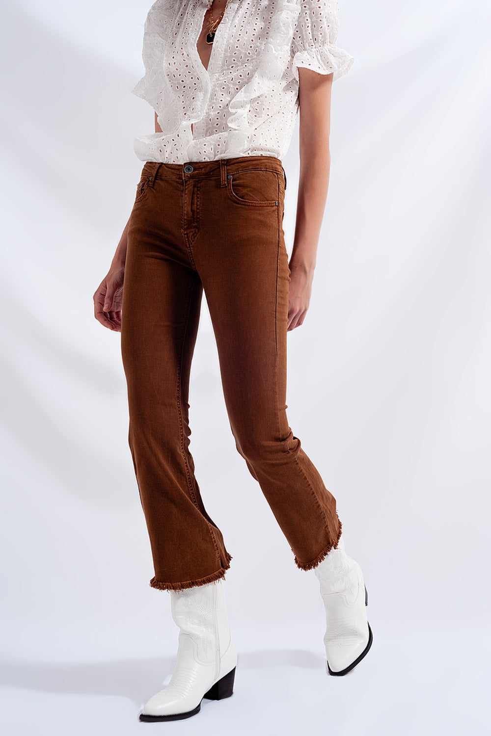 High rise raw hem flared jeans in brown - Coloured Jeans
