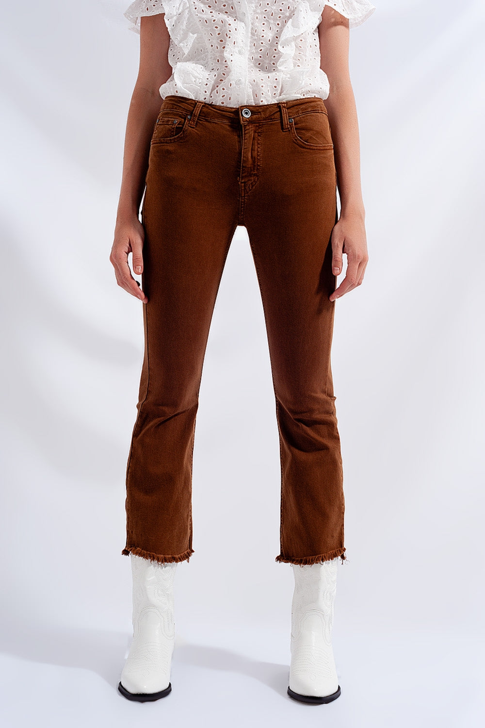 High rise raw hem flared jeans in brown - Coloured Jeans
