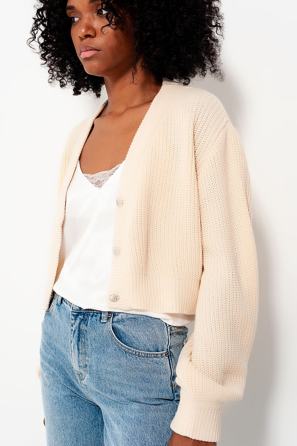 Cardigan with long sleeves and diamante button detail in cream