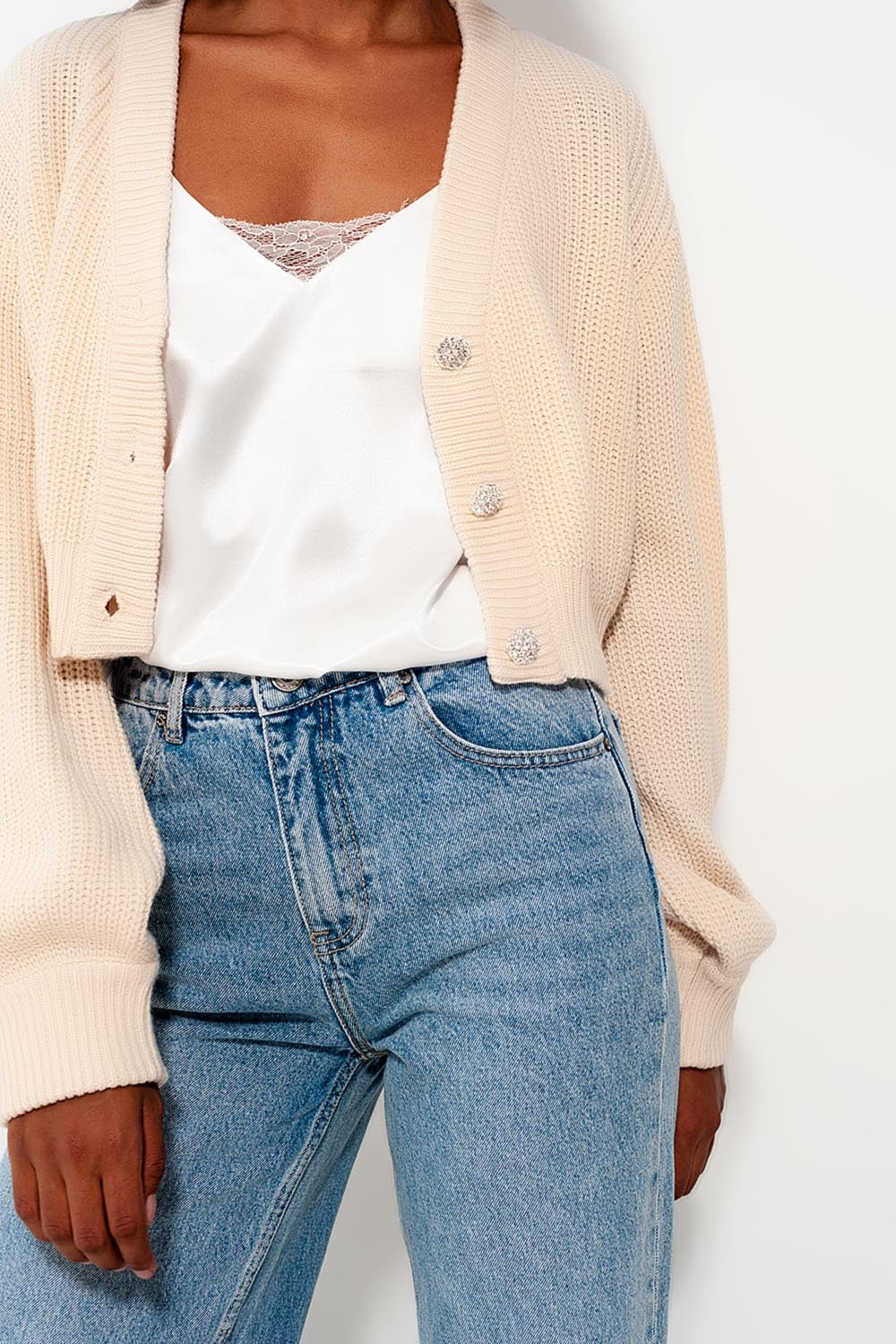 Cardigan with long sleeves and diamante button detail in cream
