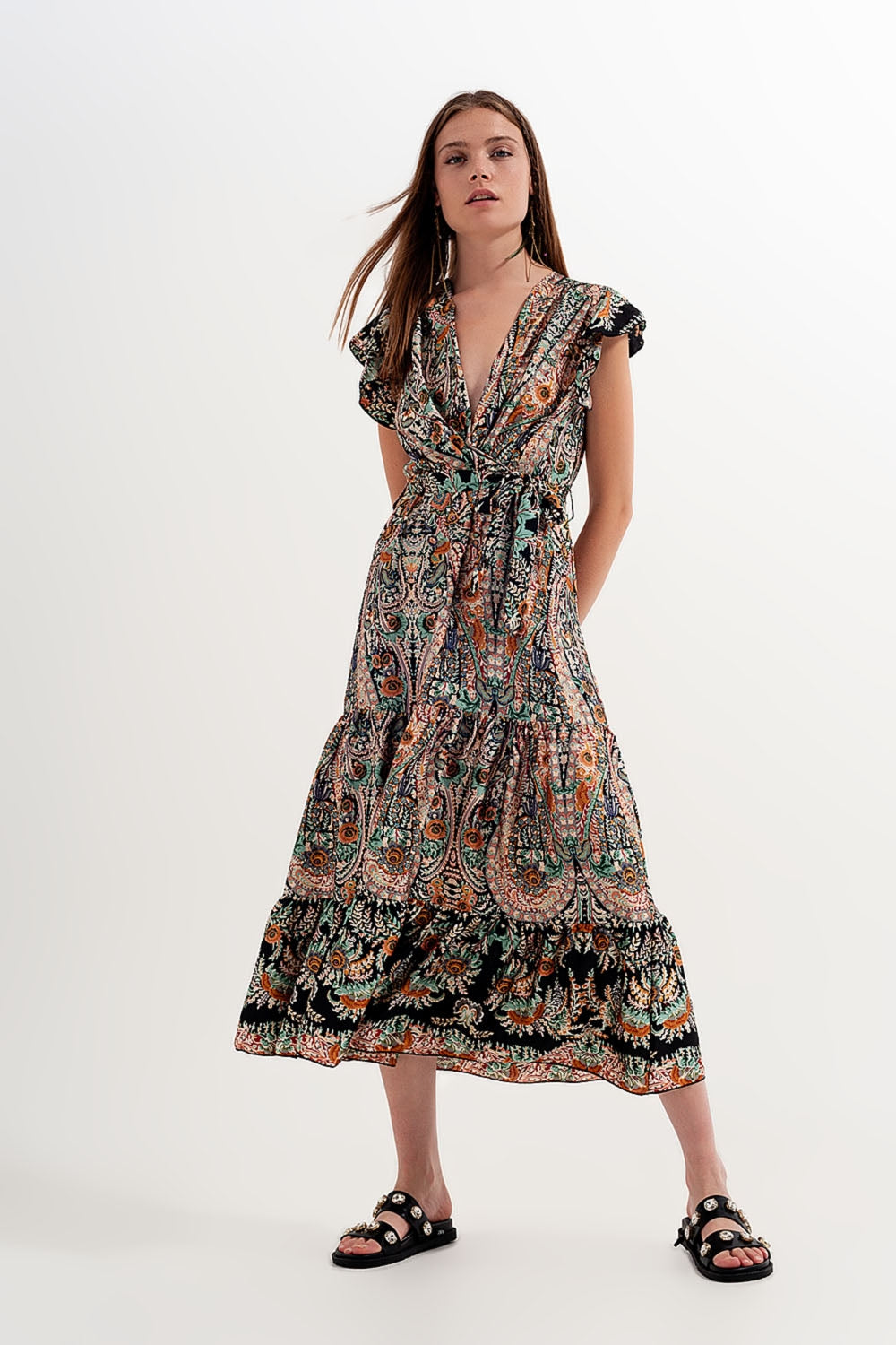 Maxi dress with tiered skirt in mixed paisely print - dress
