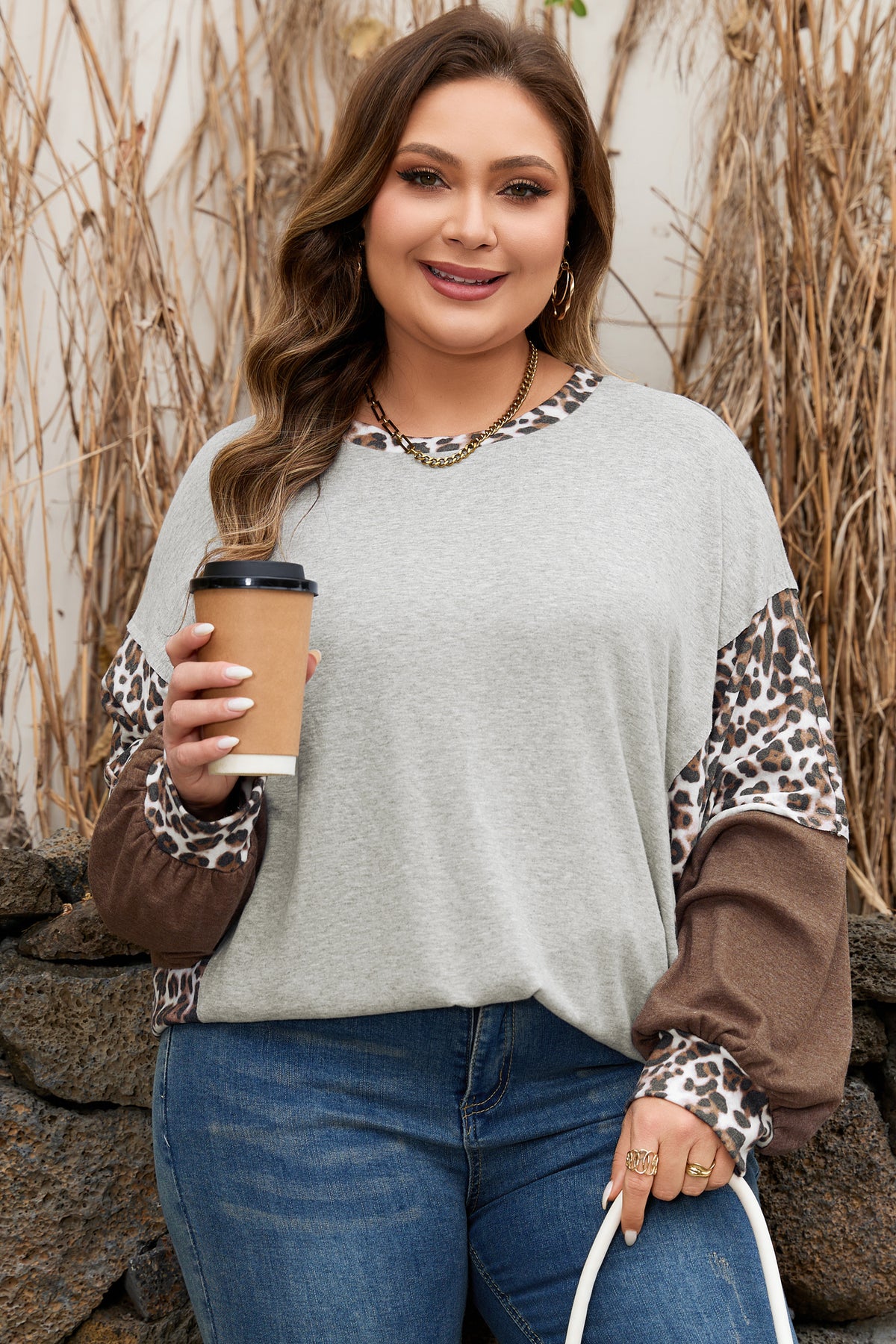 Gray Plus Size Leopard Color Block Patchwork Dolman Sweatshirt - Plus Size/Plus Size Sweatshirts & Hoodies