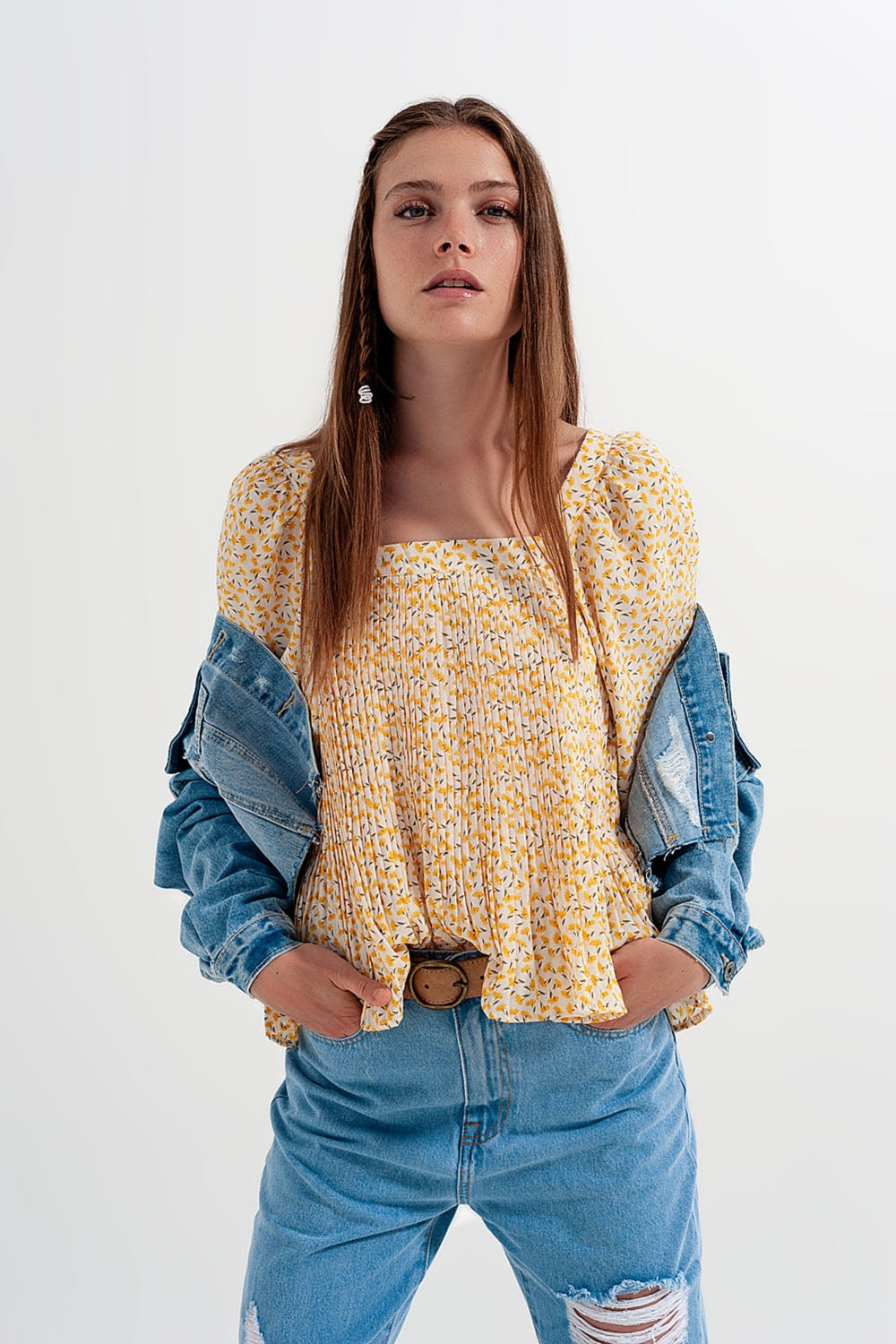 Puff sleeve top with square neck in yellow floral print - Shirts