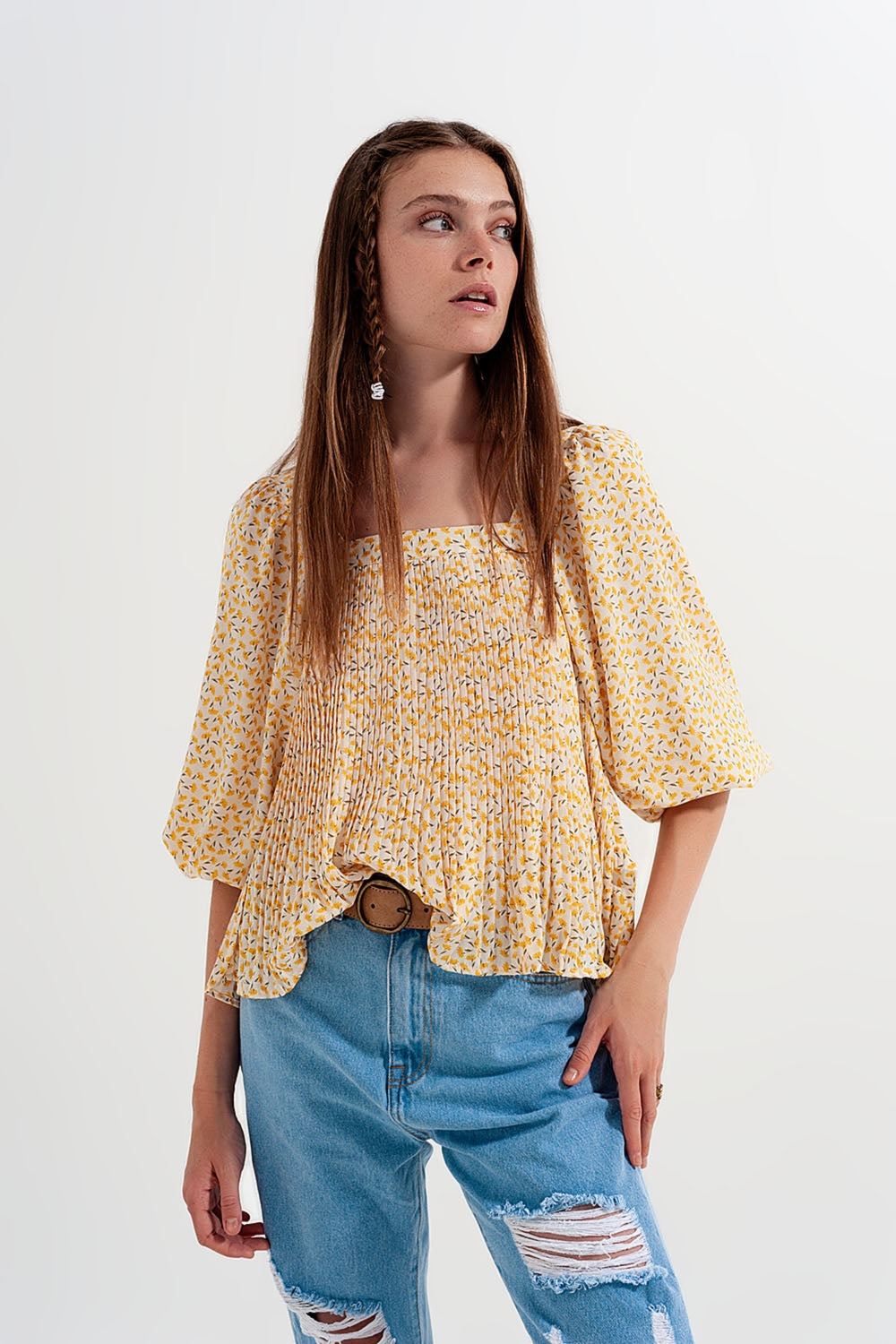 Puff sleeve top with square neck in yellow floral print - Shirts