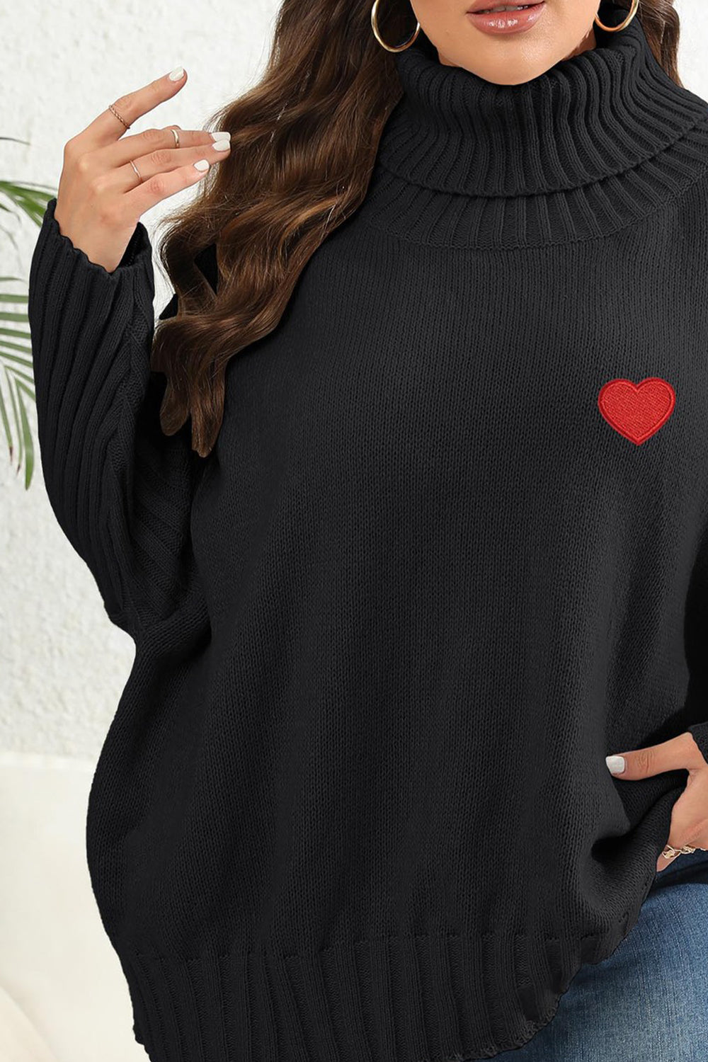 Plus Size Turtle Neck Jumper with Heart Patch - Sweaters