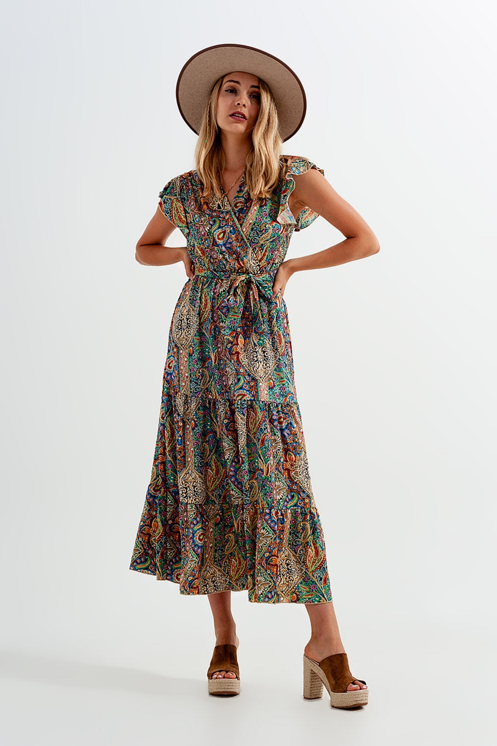 Robe mi-longue évasée à volants et imprimé cachemire vert