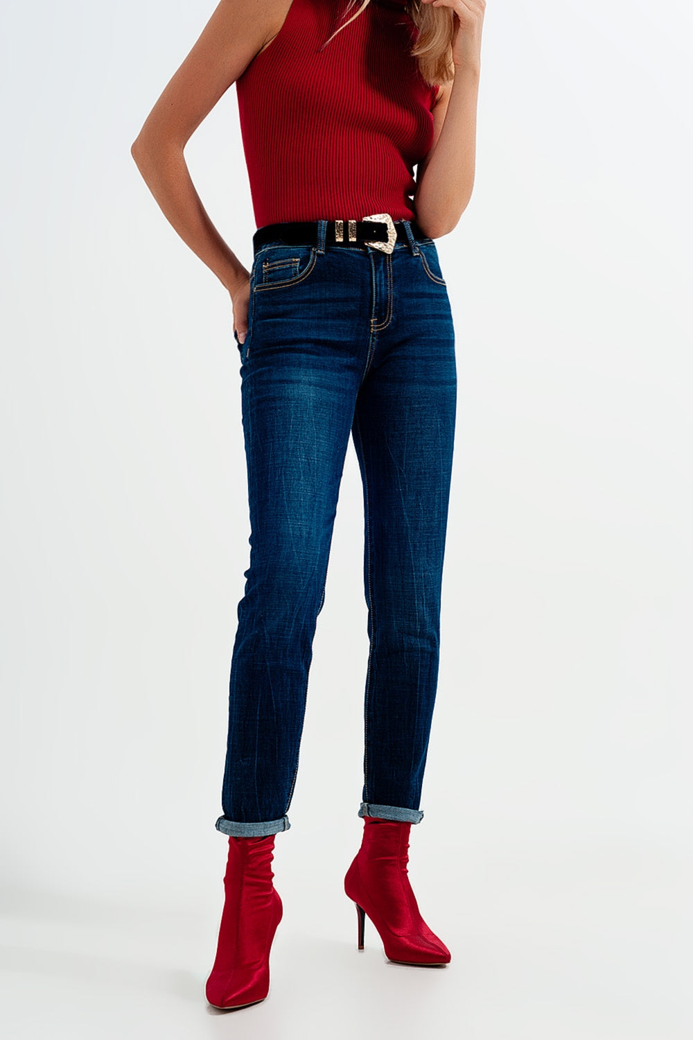 high waisted skinny jeans in mid blue wash - Denim