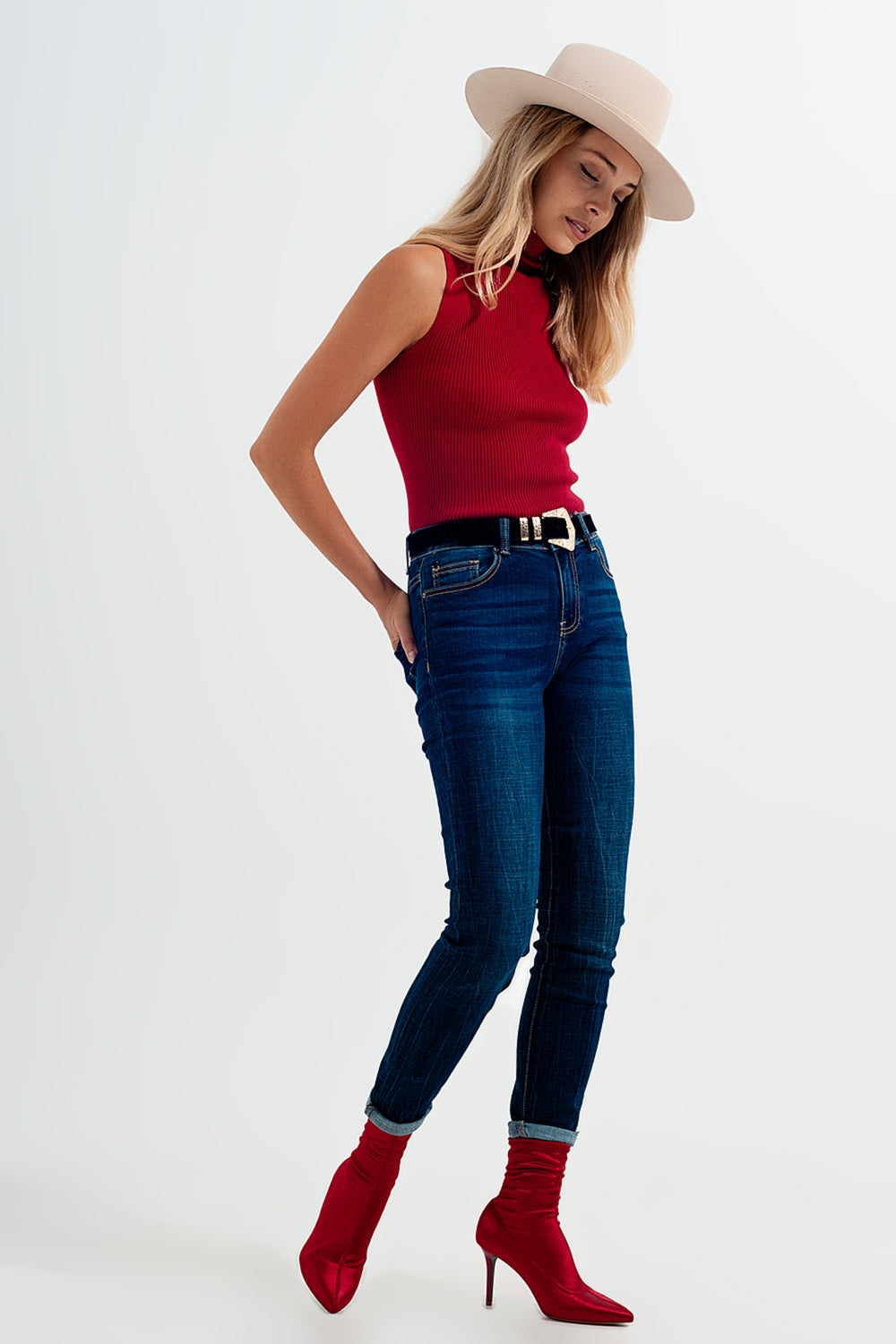 high waisted skinny jeans in mid blue wash - Denim