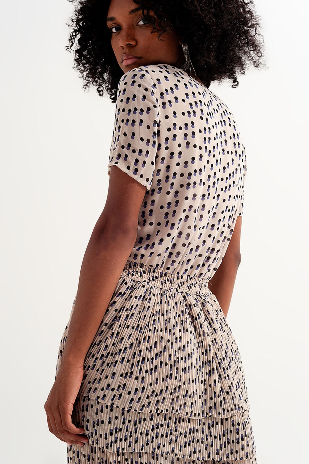 Shirred mini dress with peplum in cream - dress