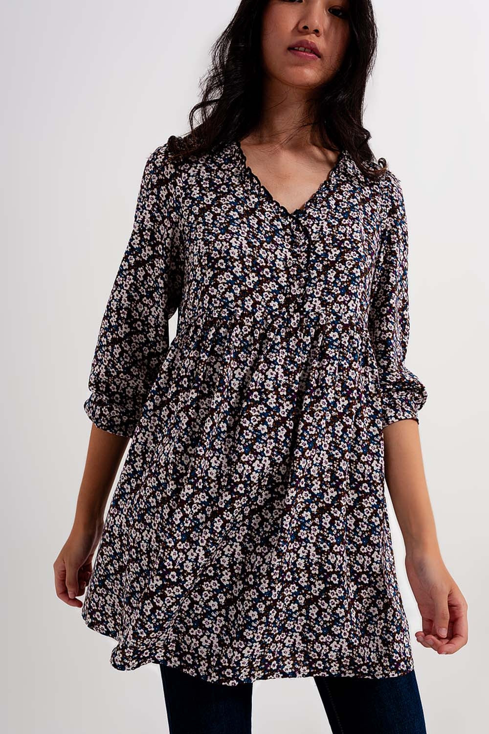 Button through mini dress in brown floral - dress