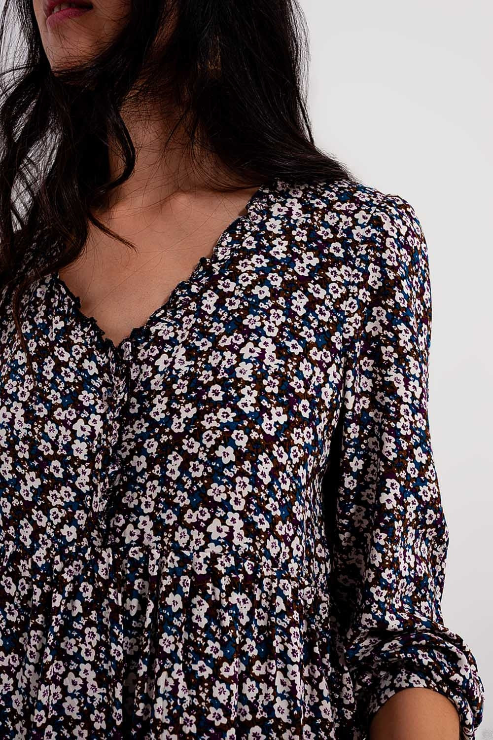 Button through mini dress in brown floral - dress