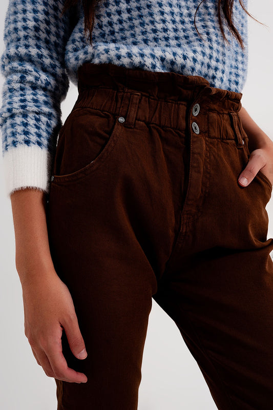 Elasticated paper bag waist mom jean in brown - Coloured Jeans