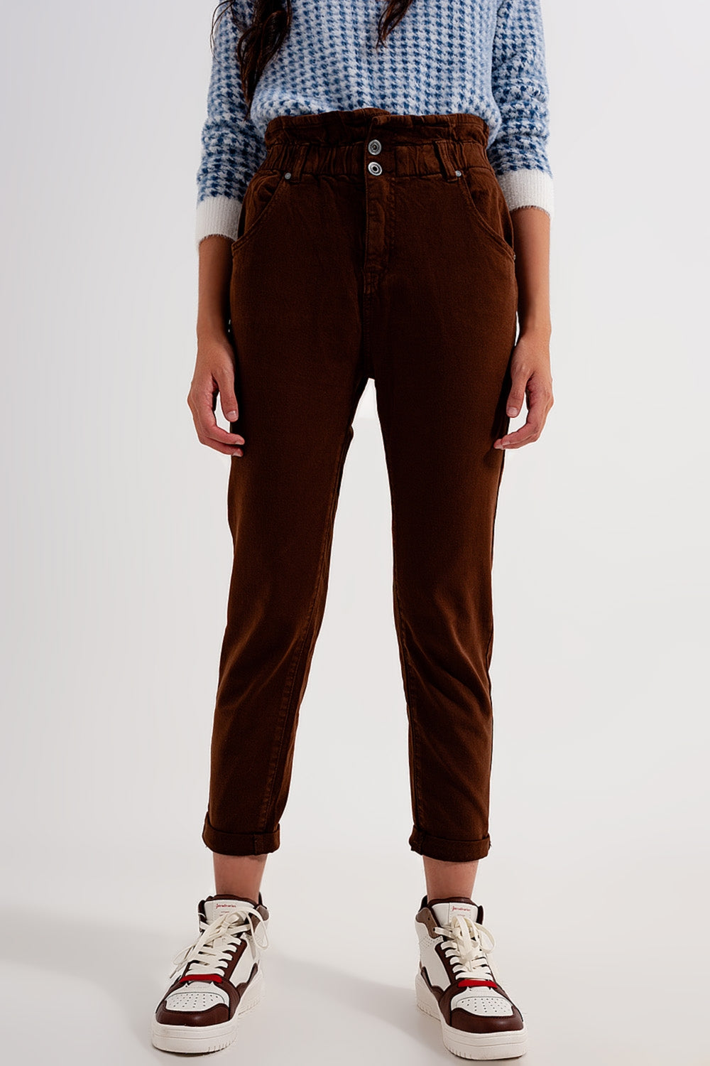 Elasticated paper bag waist mom jean in brown - Coloured Jeans