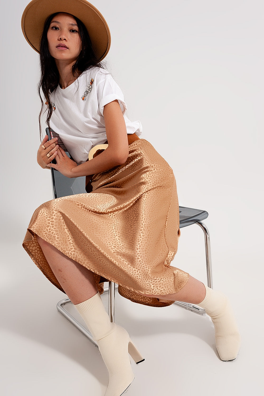 Gold color midi skirt in abstract animal print