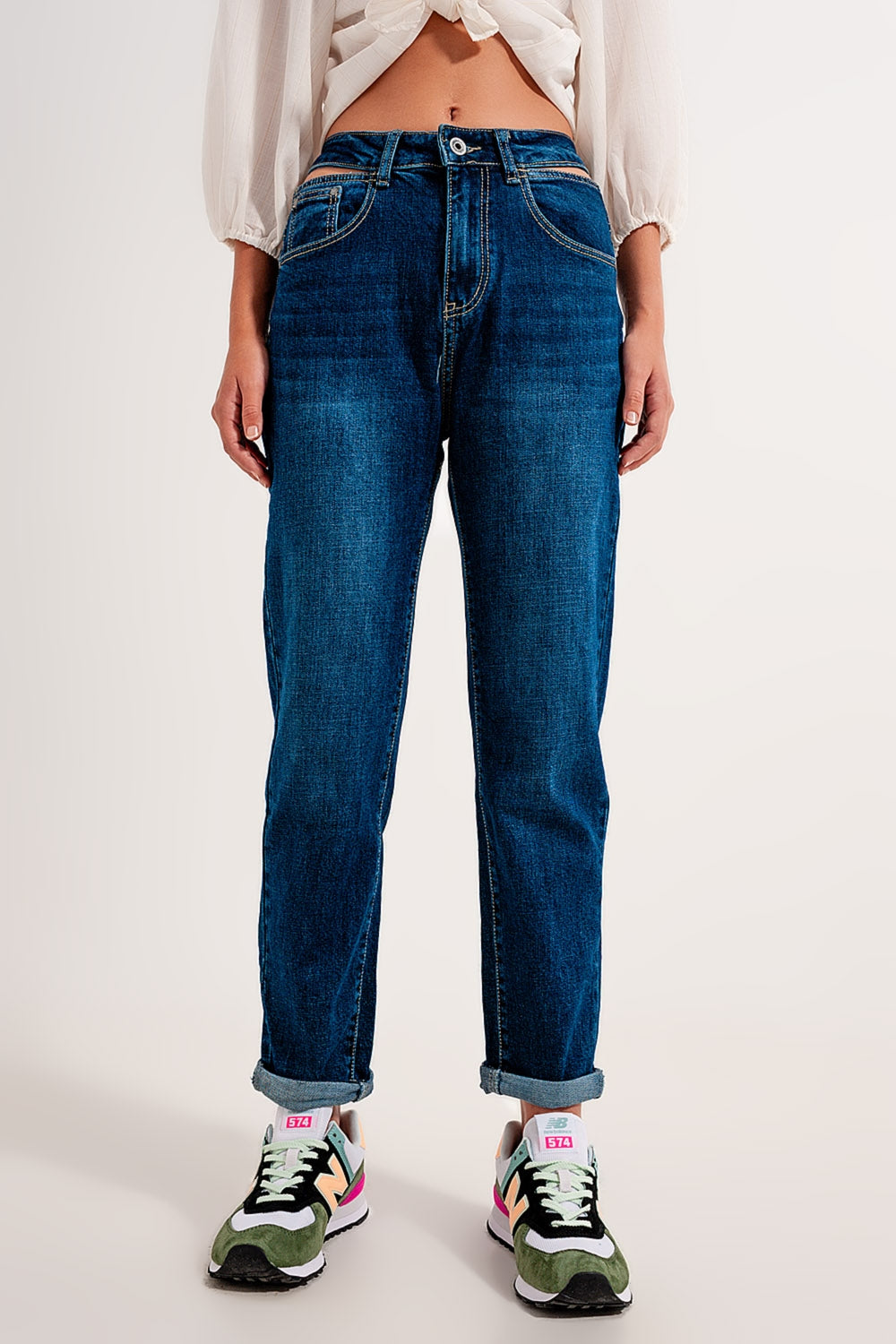 High waisted blue cut out slim jeans - Denim