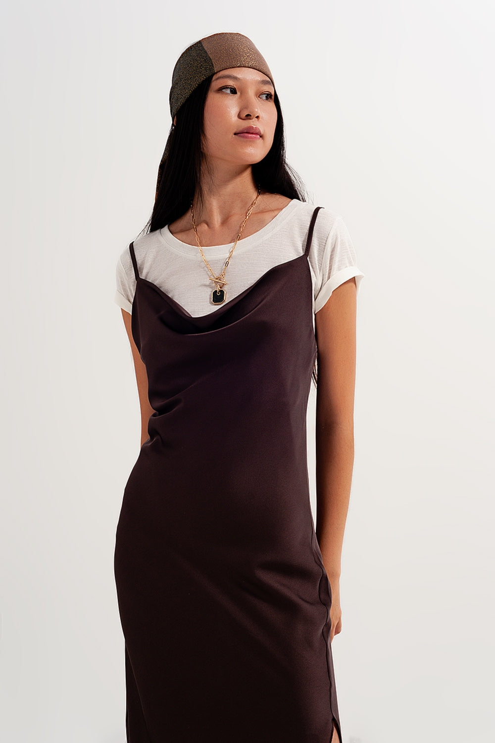 Satin cami strap mini dress in brown - dress