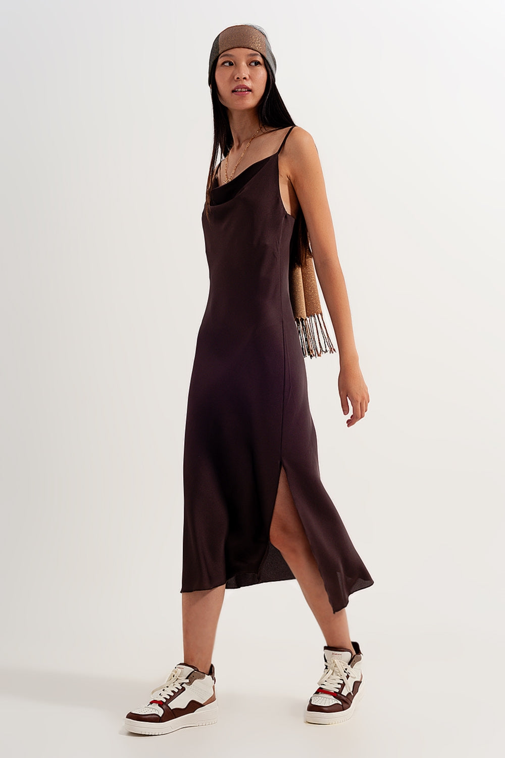 Satin cami strap mini dress in brown - dress