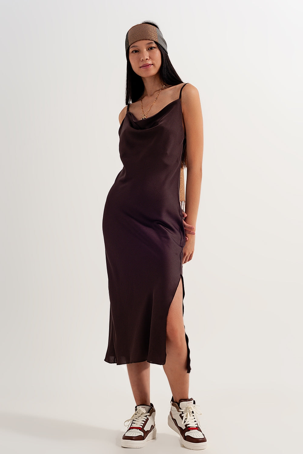 Satin cami strap mini dress in brown - dress