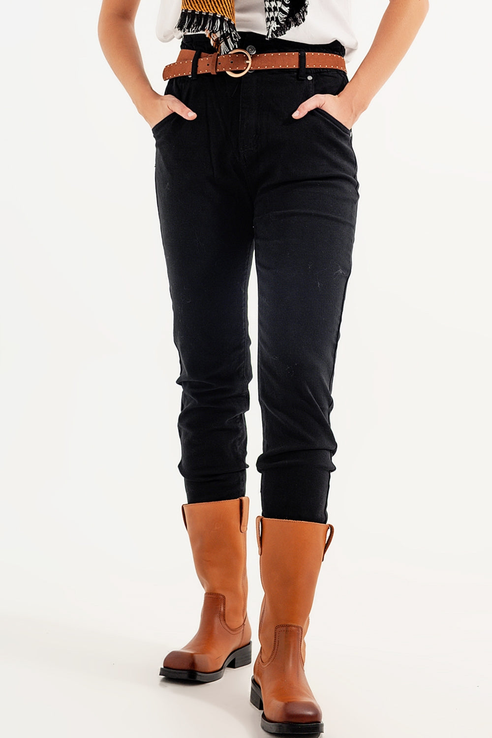 Stretch paperbag waist straight Jeans in black - Coloured Jeans