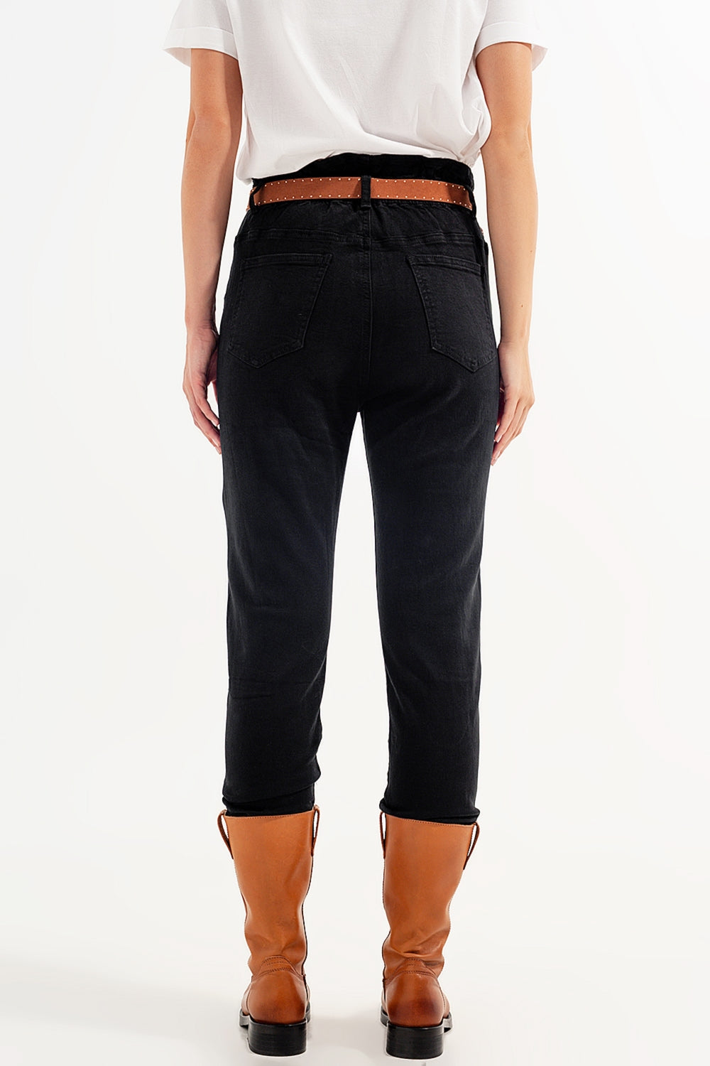Stretch paperbag waist straight Jeans in black - Coloured Jeans