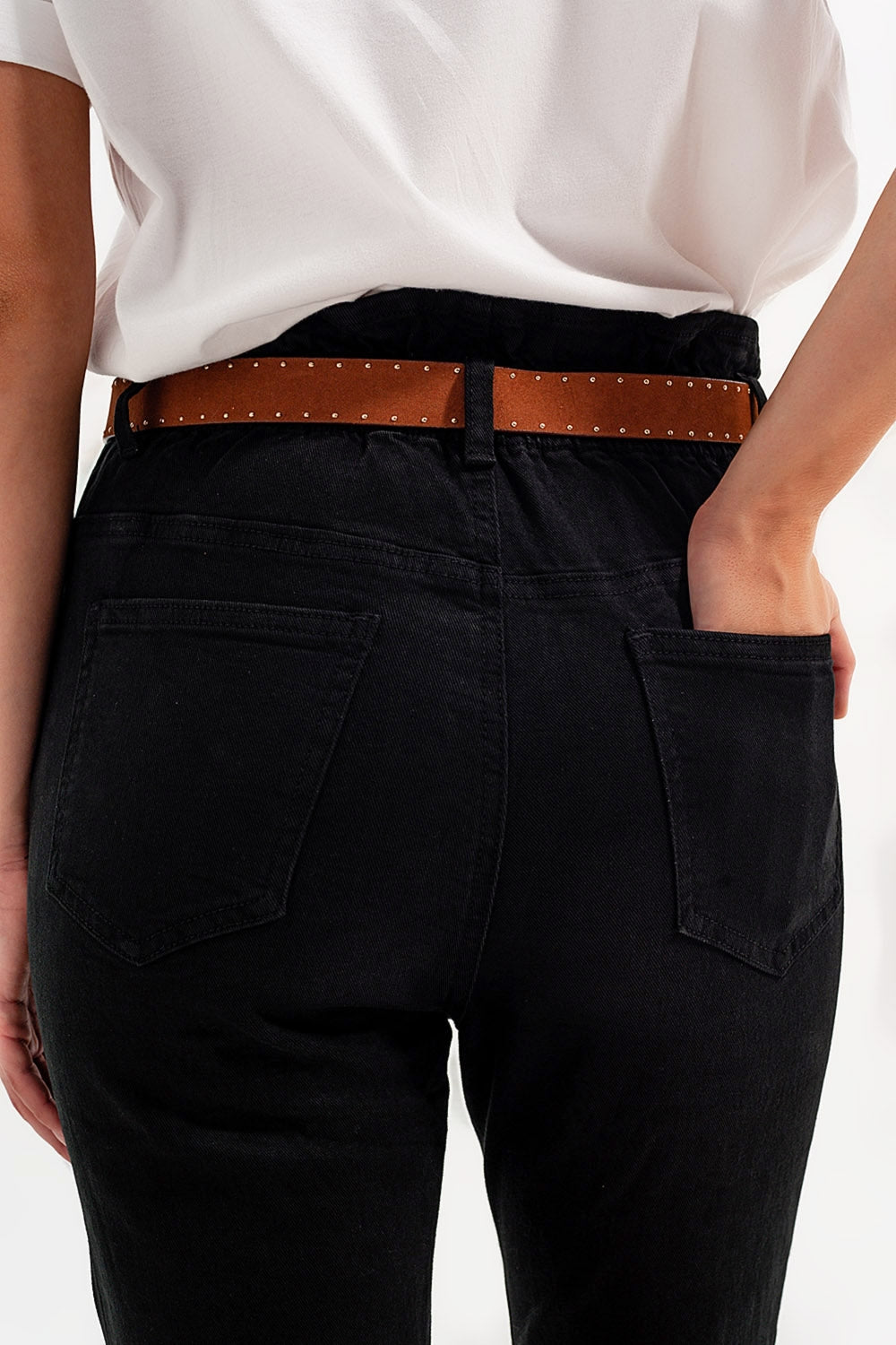 Stretch paperbag waist straight Jeans in black - Coloured Jeans