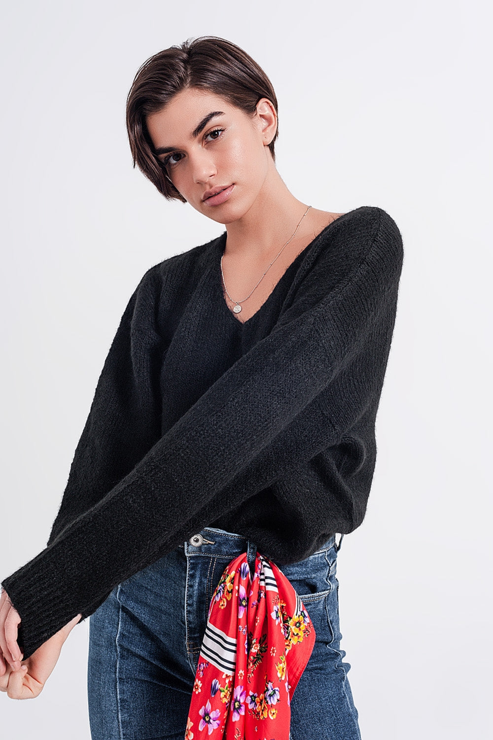 Black batwing fluffy sweater - jumper