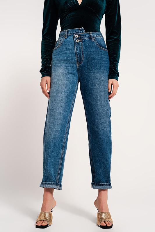 Asymmetric button detail straight jeans in mid blue - Denim