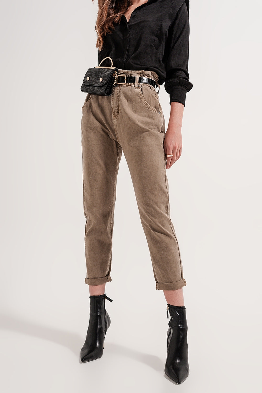 Elasticated paper bag waist jean in Beige