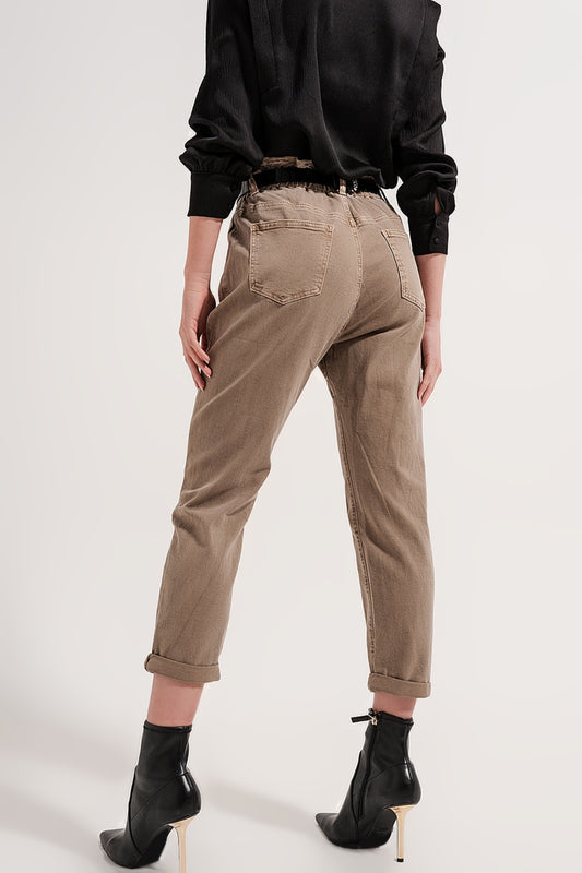 Elasticated paper bag waist jean in Beige - Coloured Jeans