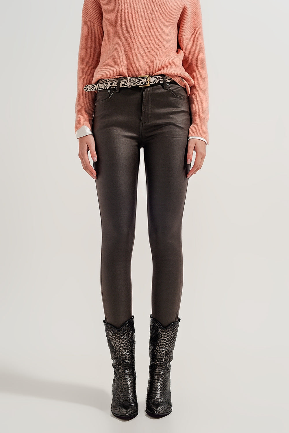 Faux leather high waisted split zip hem pants in khaki - trousers