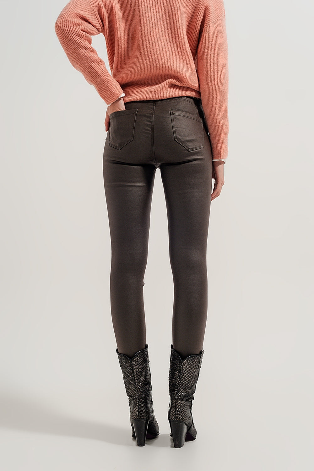 Faux leather high waisted split zip hem pants in khaki - trousers