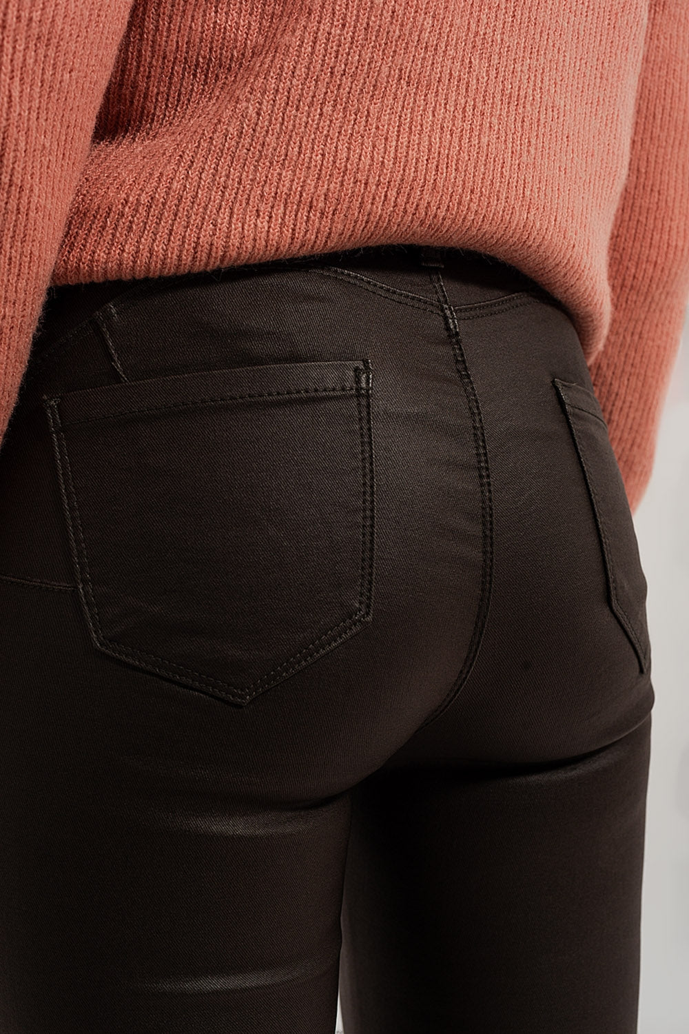 Faux leather high waisted split zip hem pants in khaki - trousers