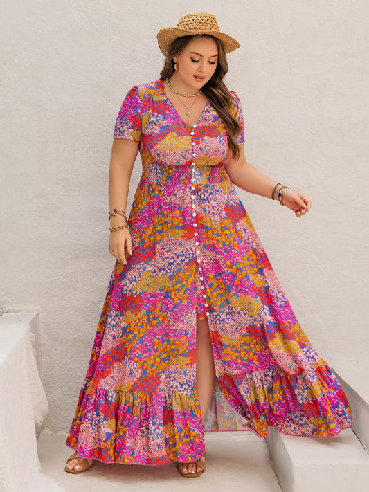 Plus Size Printed V-Neck Short Sleeve Maxi Dress Deep Rose - Dresses