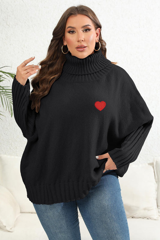 Plus Size Turtle Neck Jumper with Heart Patch Black - Sweaters