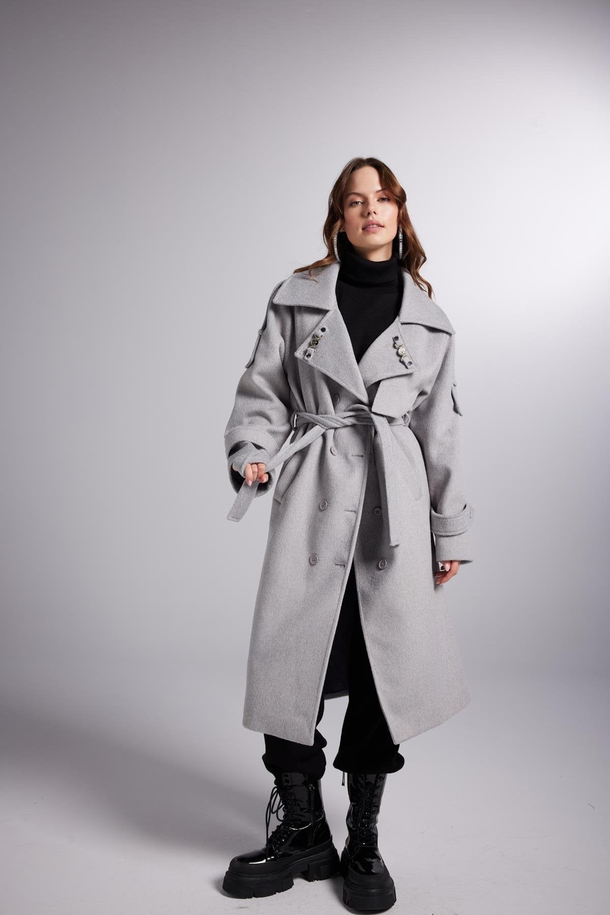 Accessorized Wool Blended Cashmere Maxi Woody Grey Coat - Trench Coats