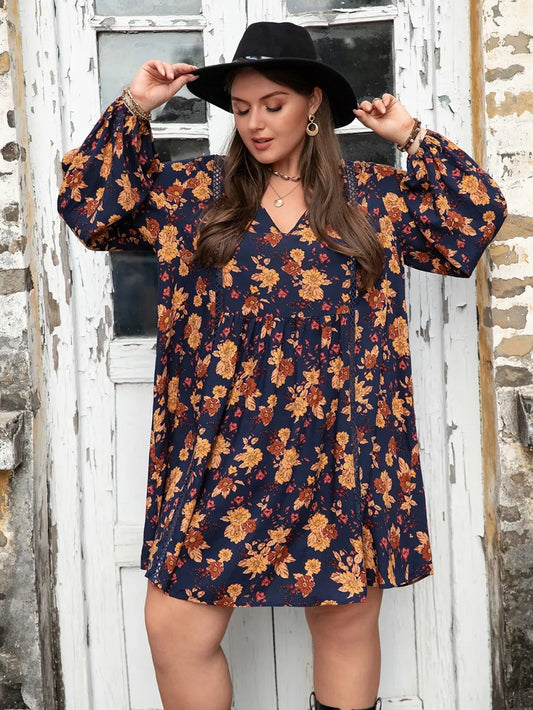 Plus Size Floral V-Neck Balloon Sleeve Dress Dark Blue -