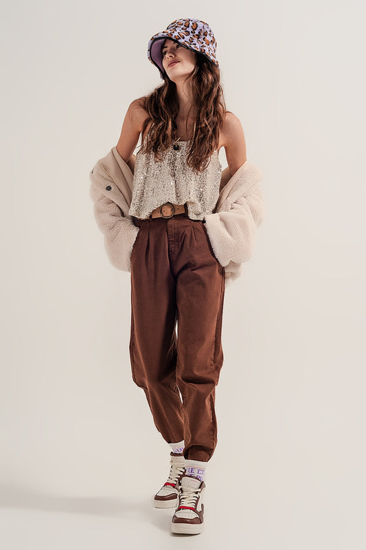 High rise mom jeans with pleat front in brown - Coloured Jeans