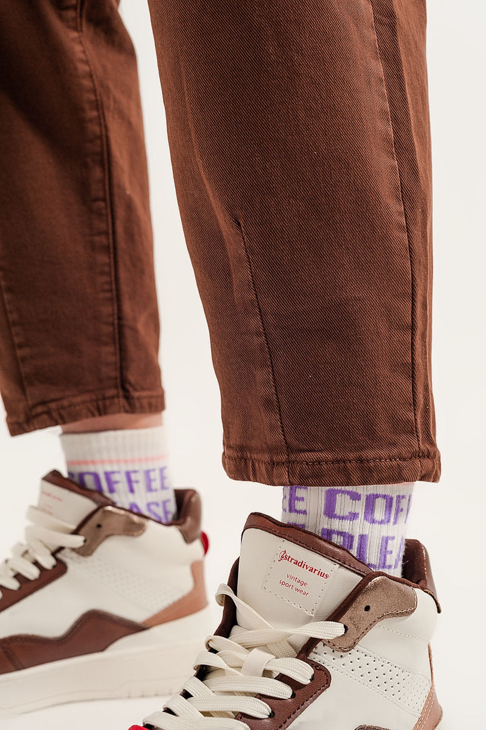 High rise mom jeans with pleat front in brown