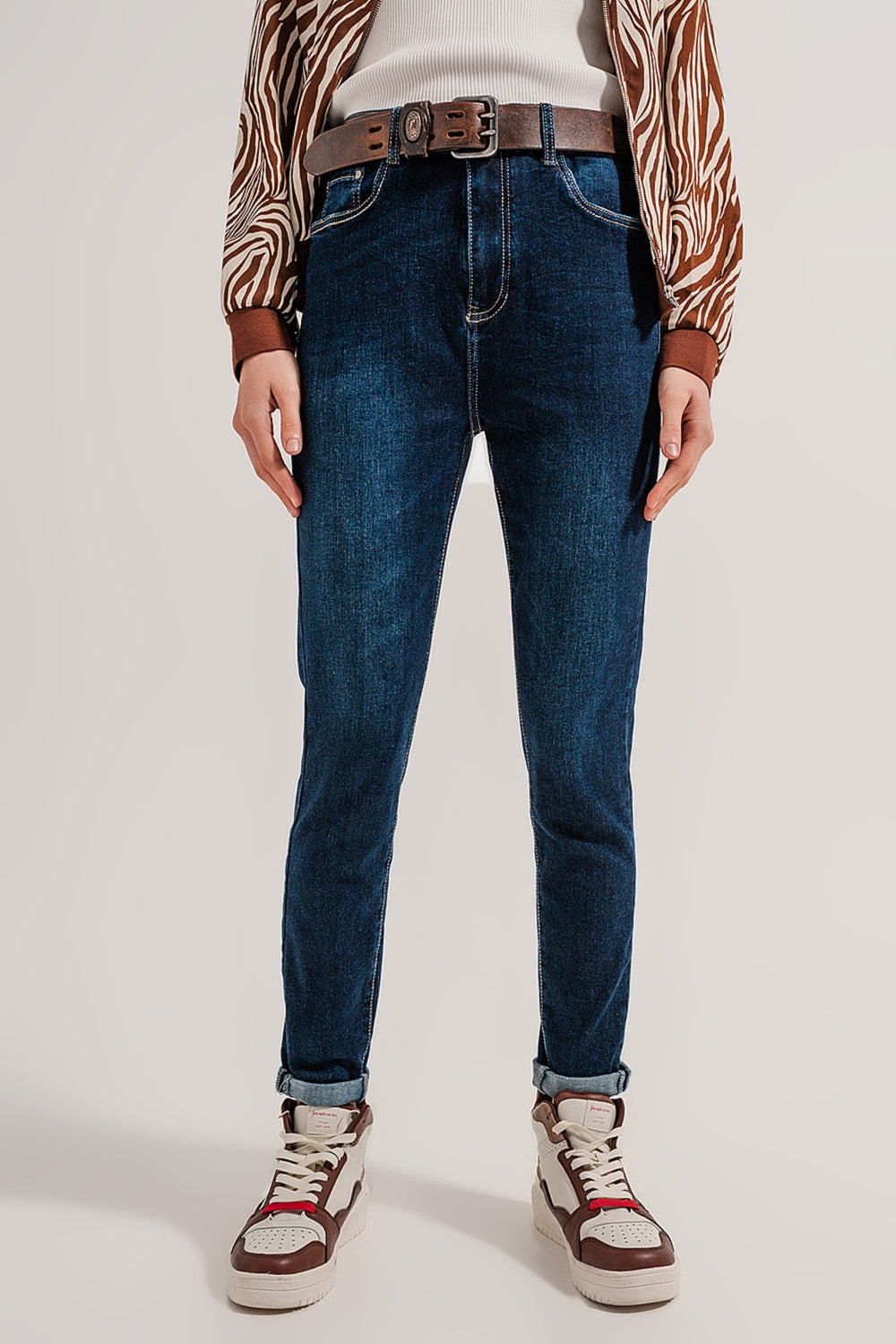 Jean droit en coton mélangé, bleu moyen