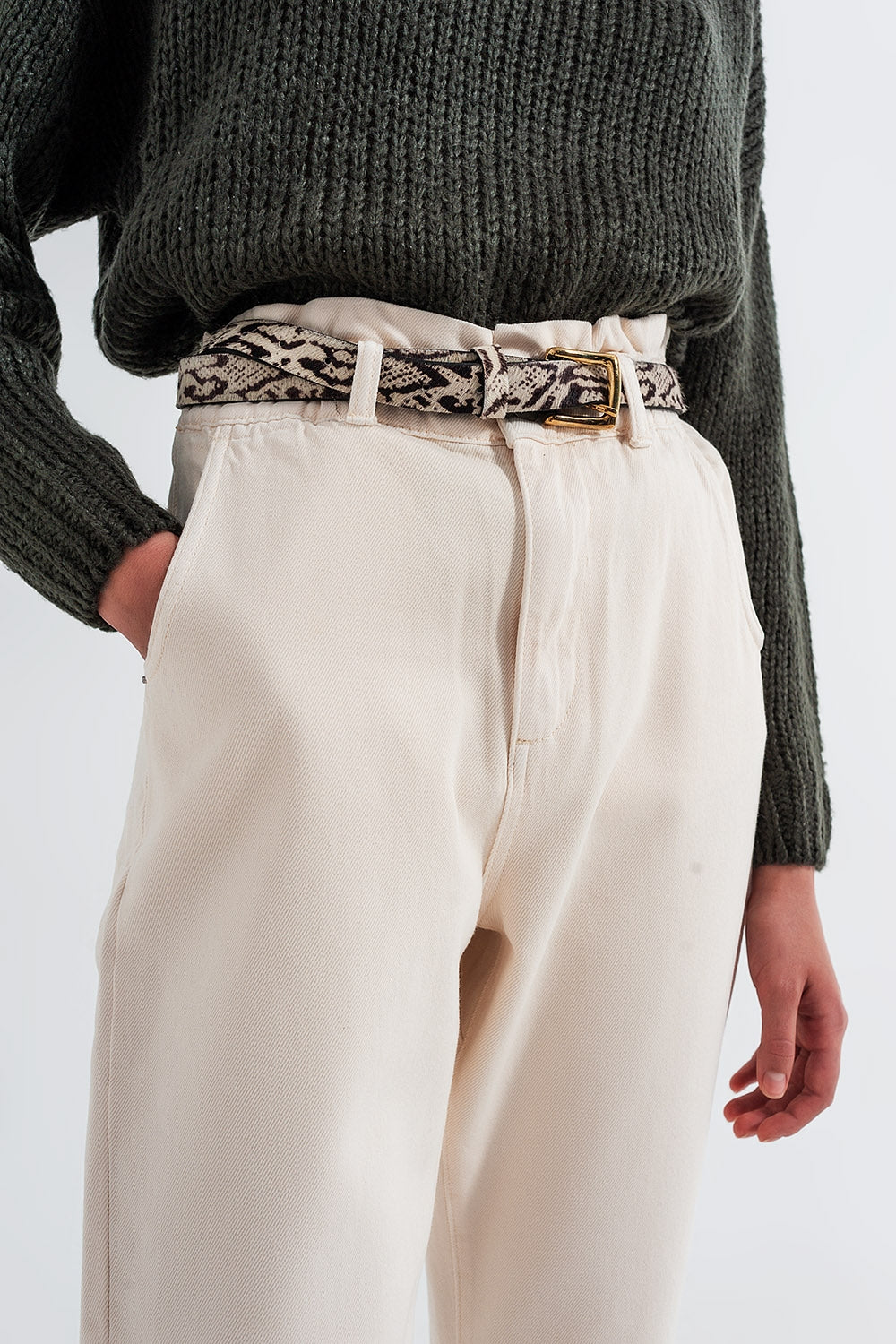 Paperbag waist straight leg jeans in cream - Coloured Jeans