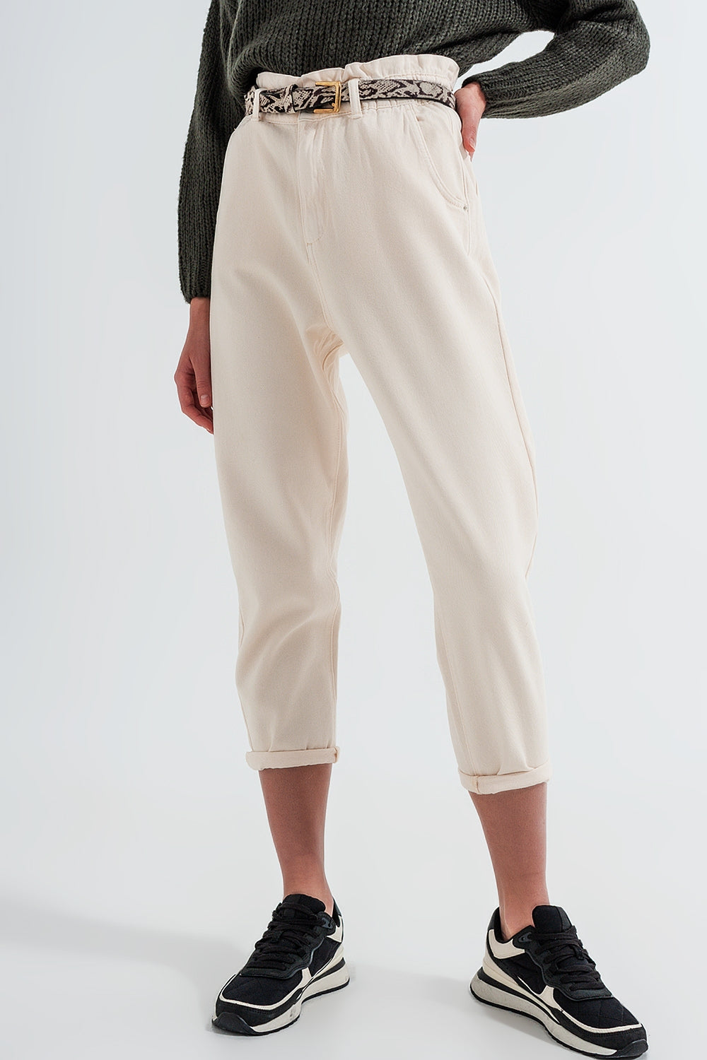 Paperbag waist straight leg jeans in cream - Coloured Jeans