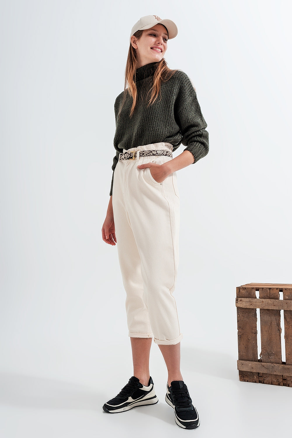Paperbag waist straight leg jeans in cream - Coloured Jeans